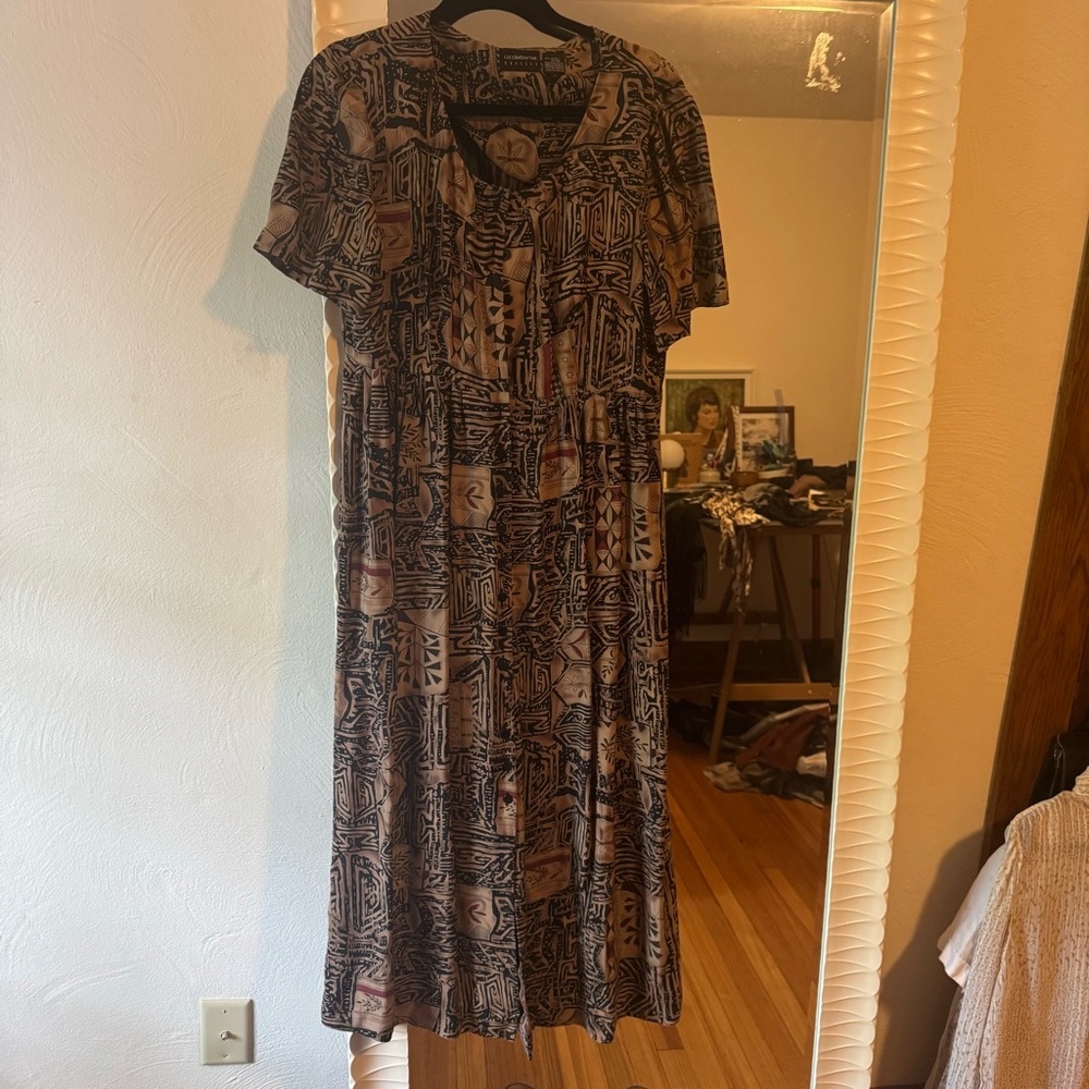 Vintage Liz Claiborne Maxi dress button down tribal print rayon size 10 90s